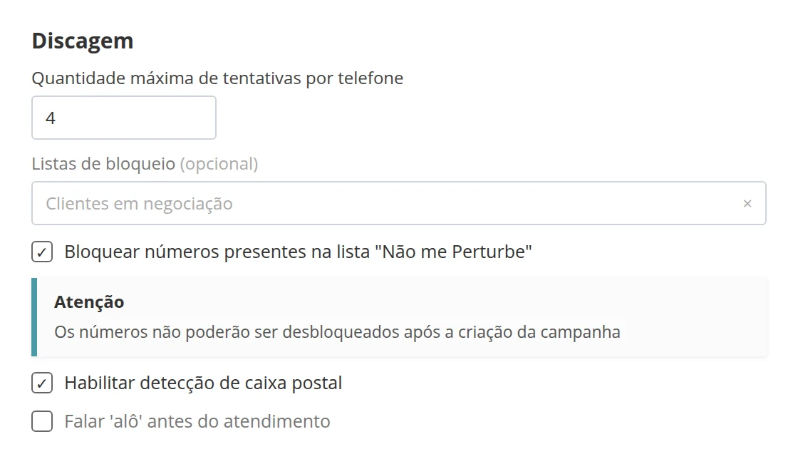 Configuração de discagem da campanha na Callix: quantidade máxima de tentativas por telefone, bloqueio da lista Não me Perturbe e detecção de caixa postal