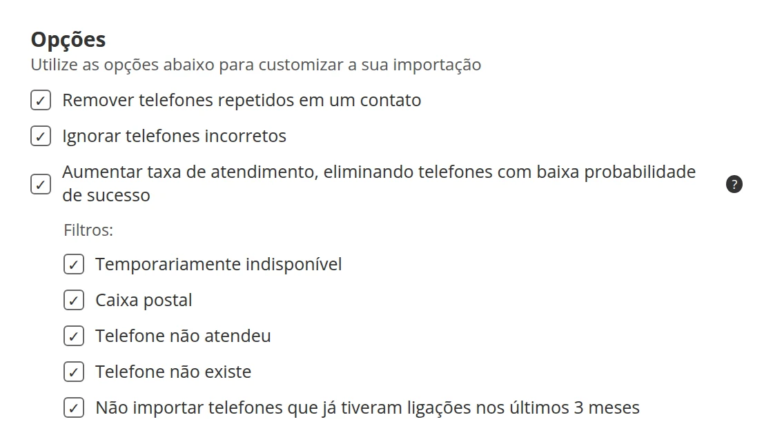 Opções de importação de mailing na Callix com os filtros que eliminam telefones com baixa probabilidade de atendimento