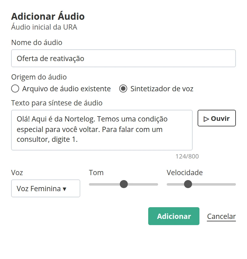 Tela de criação de áudio da URA reversa na Callix, com texto para síntese de voz, escolha de voz, tom e velocidade