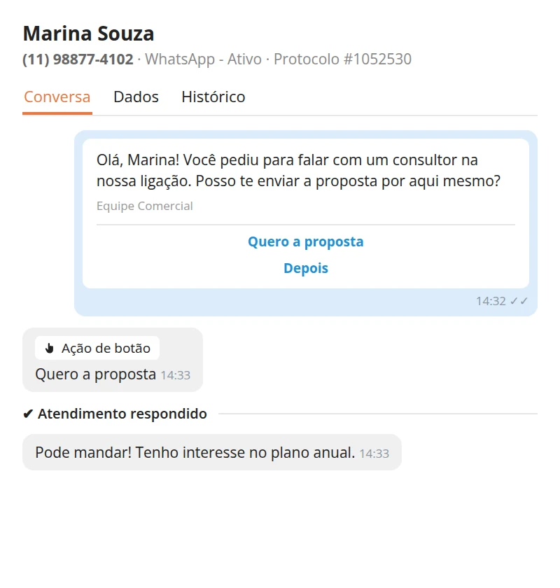 Conversa de WhatsApp na Callix em que o contato que apertou 1 respondeu ao template enviado depois da ligação