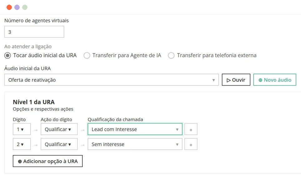 Configuração de campanha de URA Reversa na Callix: 3 agentes virtuais, áudio inicial e o nível 1 da URA, com o dígito 1 qualificando o contato como Lead com Interesse