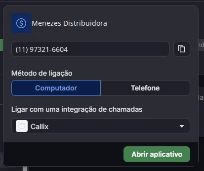 Menu de ligação do Pipedrive com a Callix escolhida como integração de chamadas