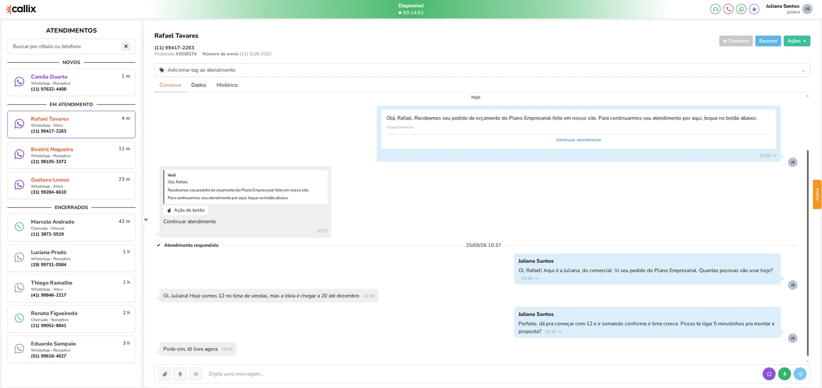 Aba Conversa da tela de atendimento