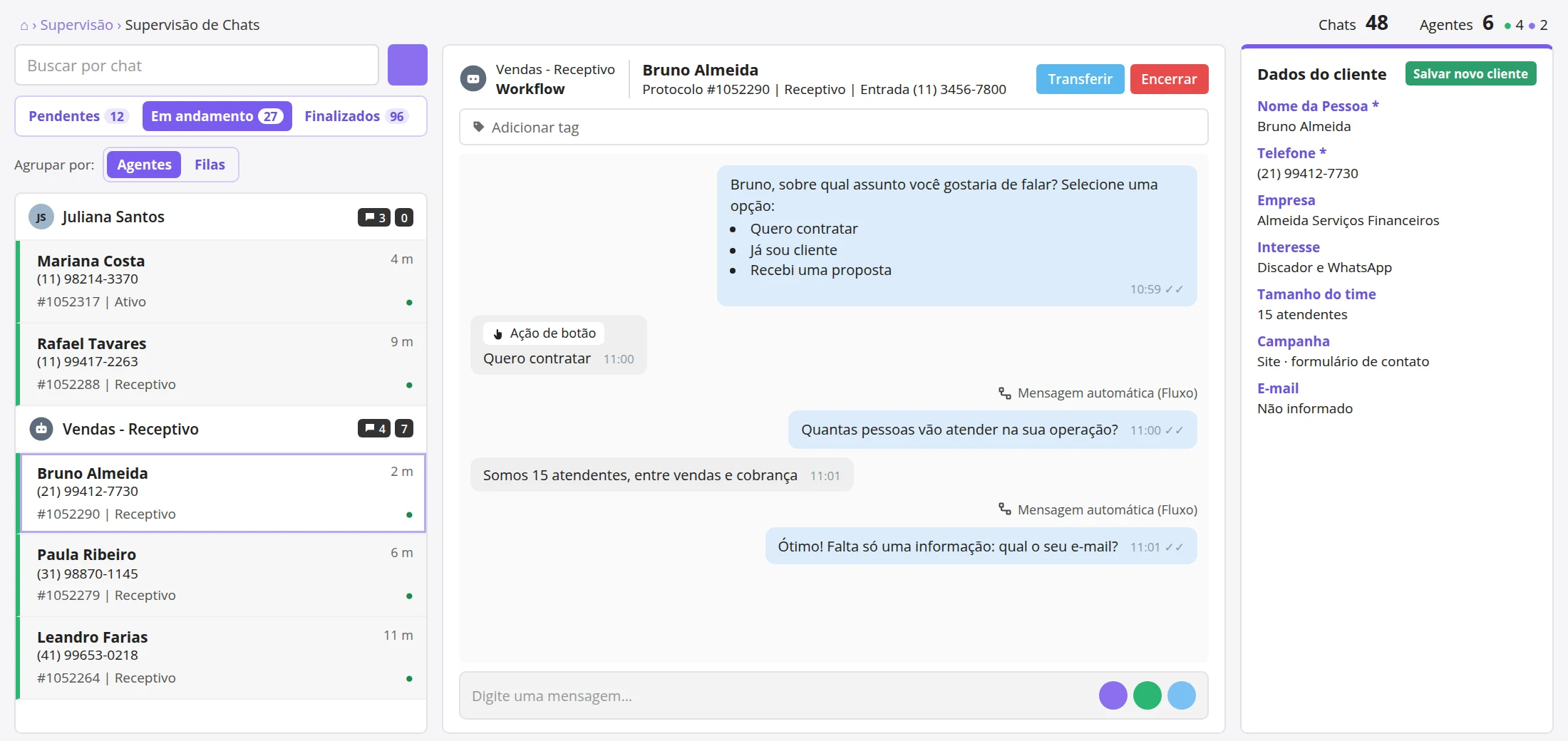 Supervisão de chats da Callix: conversas em andamento agrupadas por atendente e por fila, com a conversa e os dados do cliente abertos