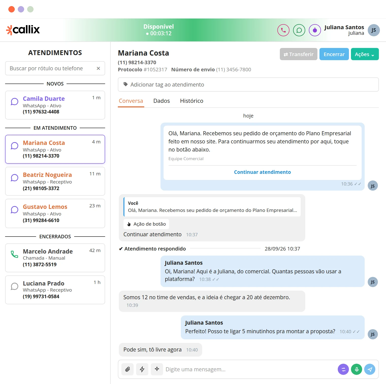 Tela de atendimento da Callix: fila de WhatsApp à esquerda e, à direita, a conversa com uma lead que respondeu ao template e aceitou uma ligação