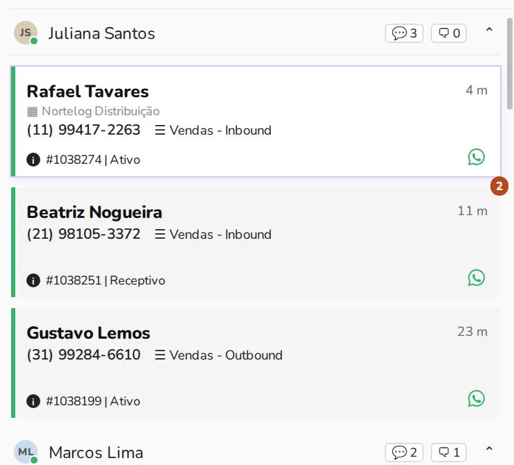 Supervisão: conversas do mesmo número distribuídas entre vendedores