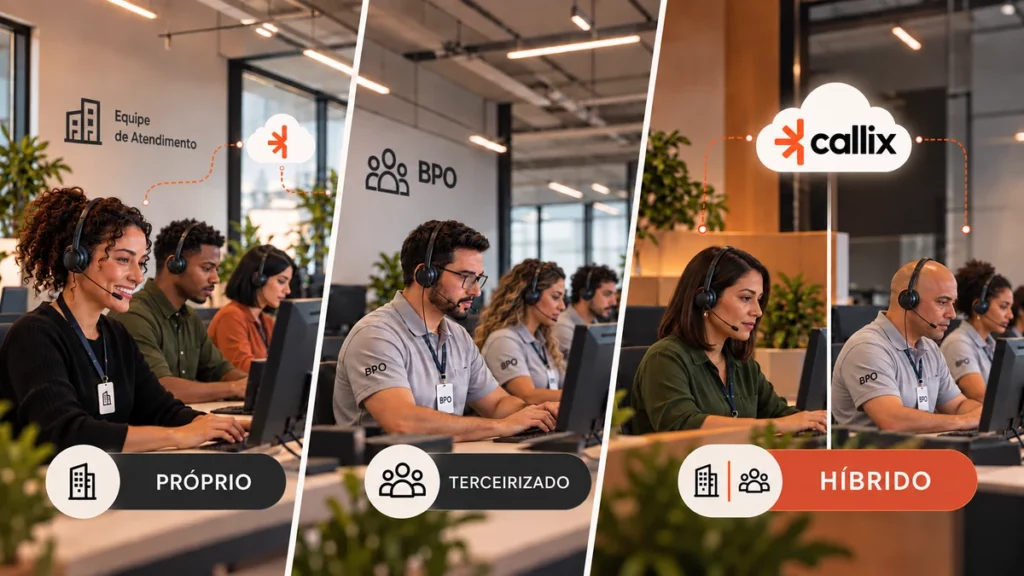 Três modelos de operação de call center: próprio, terceirizado e híbrido, com as duas equipes ligadas à plataforma Callix na nuvem